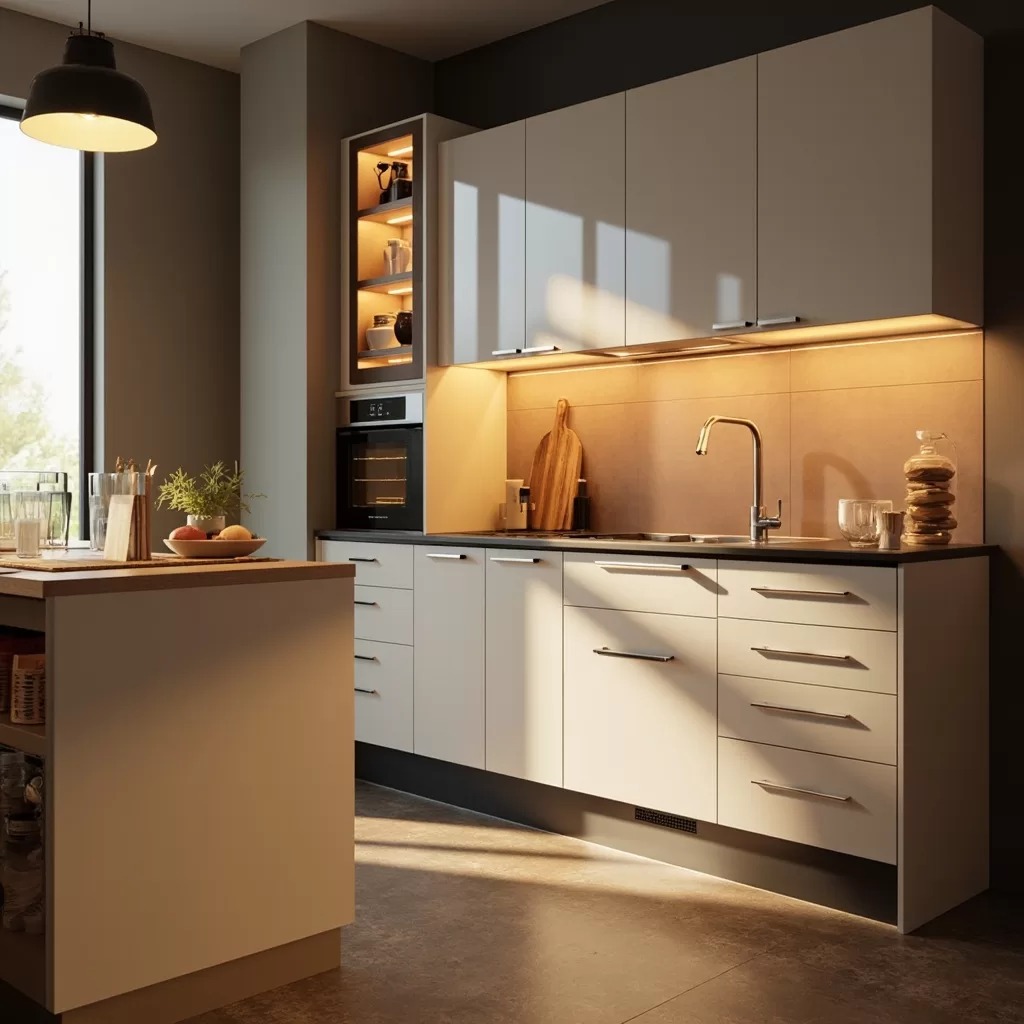 Hailuo_Image_Create a high-resolution, phot_401651869656129542 (1) modern chicago condo kitchen with slab front cabinets and LED under cabinet lighting